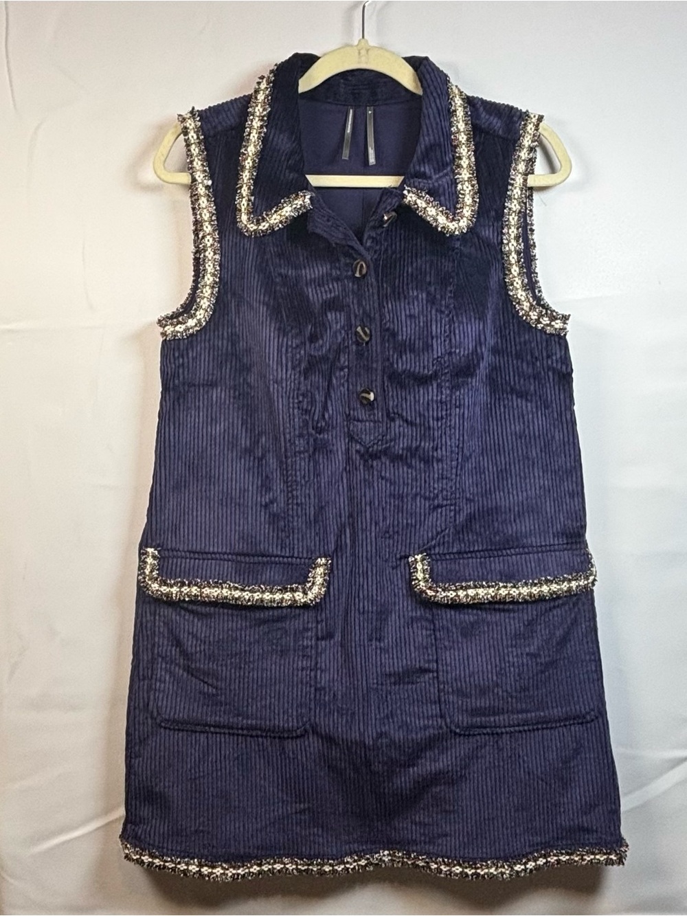 Anthropologie Navy Corduroy Sleeveless Mini Dress with Braided Trim